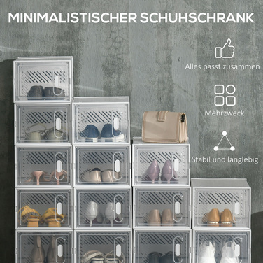 HOMCOM Set of 18 Modular Shoe Storage Boxes with Transparent Doors - Dimensions 25W x 35D x 19H cm | Aosom