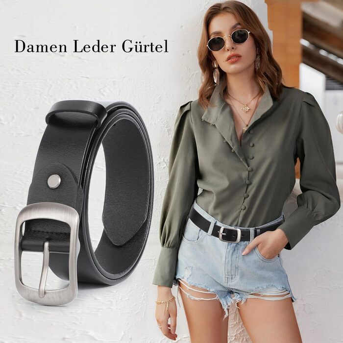 Жіночий шкіряний ремінь JasGood для джинсів та суконь, з пряжкою, чорний, розмір L (91-105 см)