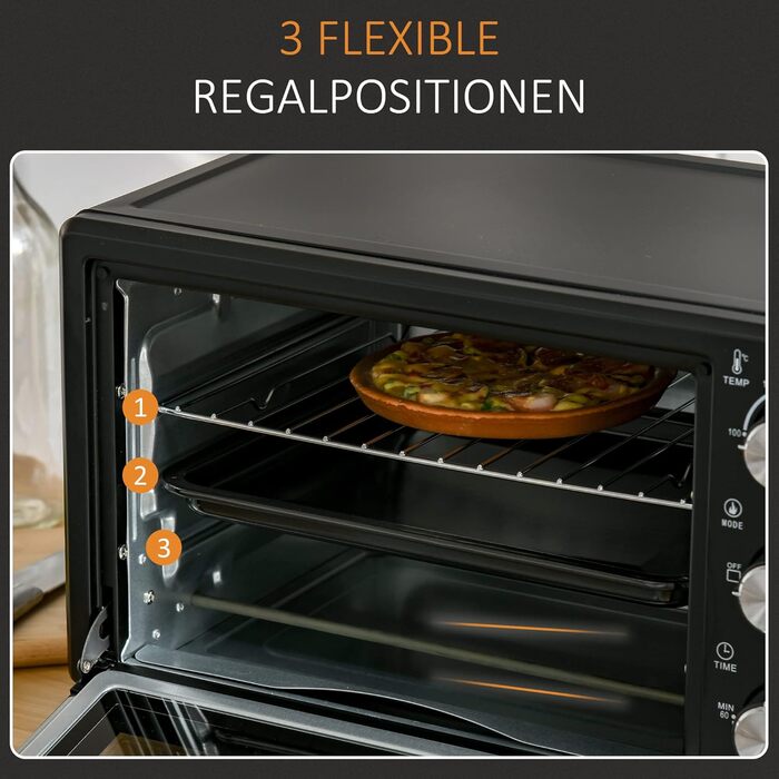 Міні-піч HOMCOM 21 л, 1400 Вт, 100-230°C, таймер, противень, решітка-гриль, вікно, піч для піци, кремово-білий (чорний)