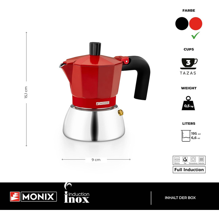 Кавоварка Monix Induction Inox для індукції, алюміній та нержавіюча сталь, 3 чашки, термостійка ручка, підходить для всіх плит, червона