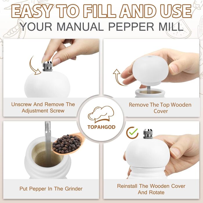 Набір з 2 шт. дерев'яних мельниць для солі, перцю та чилі - ручні, з регулюванням помелу. Ідеально для солі, перцю та чилі.