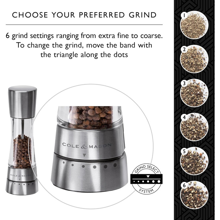 Cole & Mason Derwent Salt & Pepper Mill Set – 19cm, Adjustable Ceramic Grinder, Stainless Steel & Acrylic Design, Color: Stainless Steel, Precise Grinding, Durable