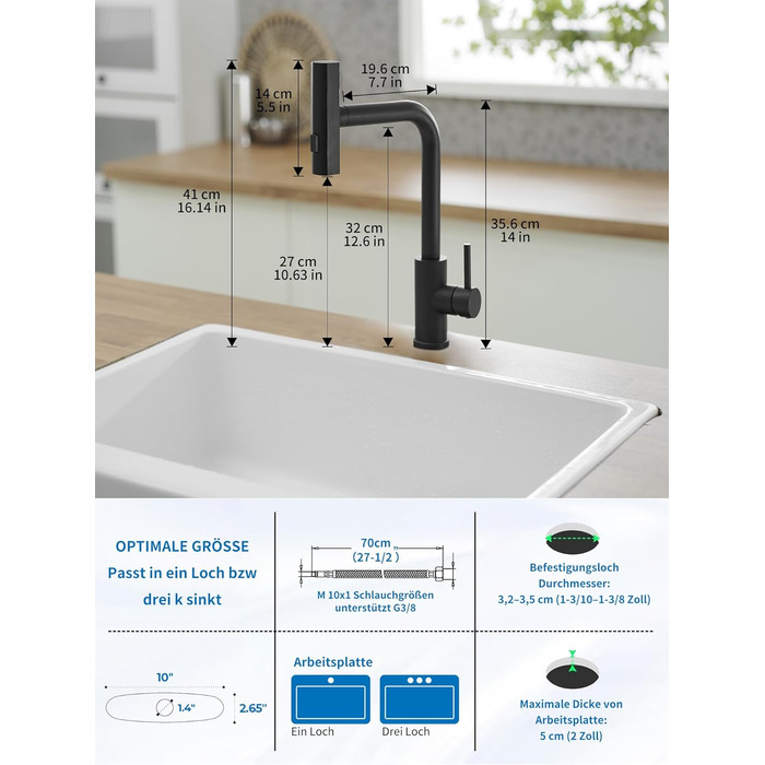 Чорний кухонний змішувач водопровідний з висувною лійкою та душем, 360° обертання, одноlever, матовий чорний