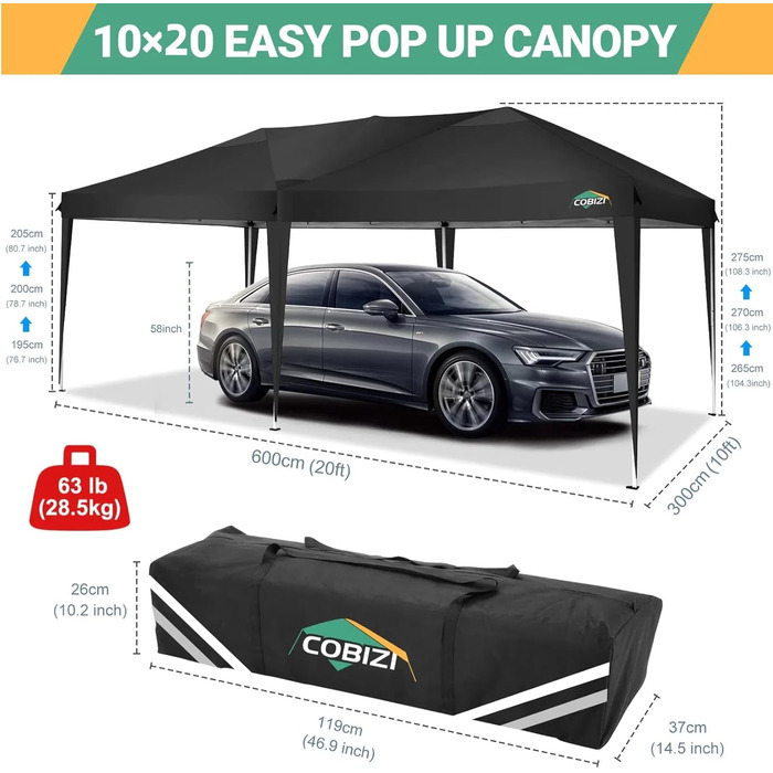 COBIZI Pop-up Pavilion 3x3, Folding Pavilion 3x3 Waterproof, Stable, Winter-proof |8X Pegs|4X Wind Rope|UV Protection 50+|High-Density Tarpaulin| Pavilion Foldable 3x3m Party Tent Folding Pavilion 3x3 Garden Pavilion (Black, 3x6m with 6 Side Panels)