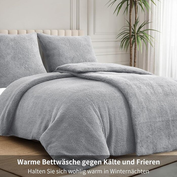 Aisbo Warm Bedding 135x200 4-Piece - Fluffy Teddy Fleece Winter Bedding 135 x 200, Plush Bedding Sets 135x200cm Duvet Cover with Zipper Closure Winter Grey