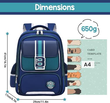 Шкільний рюкзак для хлопчика IvyH, 2-5 клас, 20 літрів, ергономічний, водонепроникний, для початкової школи, 8-12 років (темно-синій, зелений)