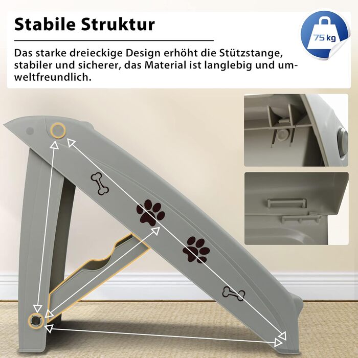 Froadp 49x38x61cm Folding Stairs for Dogs Made of Plastic, Folding Dog Steps with 4 Steps & Felt Mat, Non-Slip Cat Stairs, Bed, Balcony, Sofa, Portable Pet Stairs for Dogs and Cats (Grey)