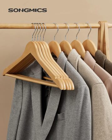 SONGMICS Wooden Clothes Hangers, 30-Piece Set, Solid Wood Hangers, Shoulder Indentations, Non-Slip Trouser Bar, 360° Swivel Hook, for Suits, Shirts, Natural Wood-Silver, CRW031NL