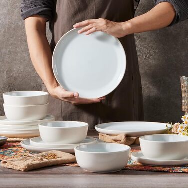 Набір посуду HaWare на 6 осіб, 18 предметів: тарілки, десертні тарілки, миски, бежевий колір. Підходить для мікрохвильової печі та посудомийної машини.