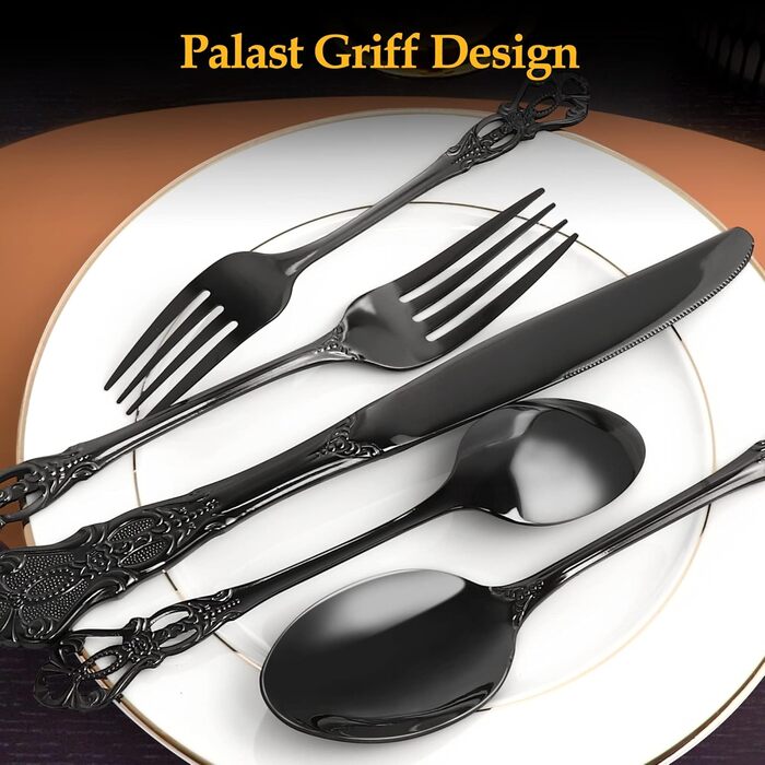 Набір столових приборів 20 предметів, чорний, нержавіюча сталь, Vintage Palast - для 4 осіб, полірований, для посудомийної машини