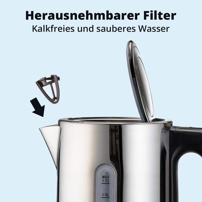 Електричний чайник KHG WK-1702 ES з нержавіючої сталі, 1,7 л, фільтр від накипу, індикатор рівня води, відкривання кнопкою, захист від сухого кипіння, автоматичне відключення, прихований нагрівальний елемент, BPA-free, 2200 Вт