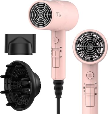 Фен AINA з дифузором для волосся | Іон-технологія, керамічне покриття, холодний струмінь | Швидке сушіння та блиск | 230v~, Baby Rosa
