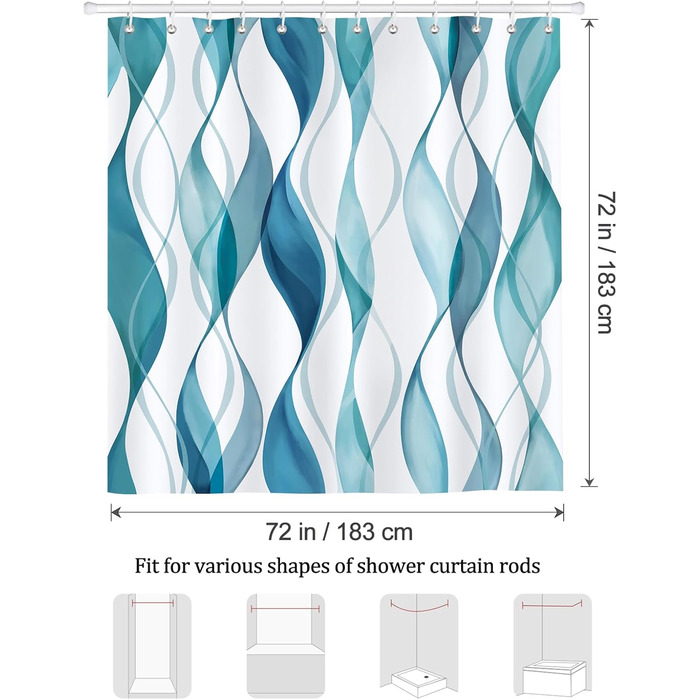 Шторка для душу Bonhause 180x180 см, водонепроникна, антигрибкова, смугаста, поліестер, для ванної кімнати, з 12 кільцями, колір Teal