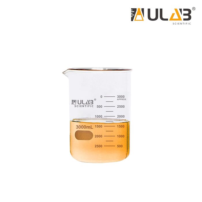 ULAB Scientific Beaker, Vol. 3000 ml, 3.3 Borosilicate Griffin, low form with printed scale, UBG1029