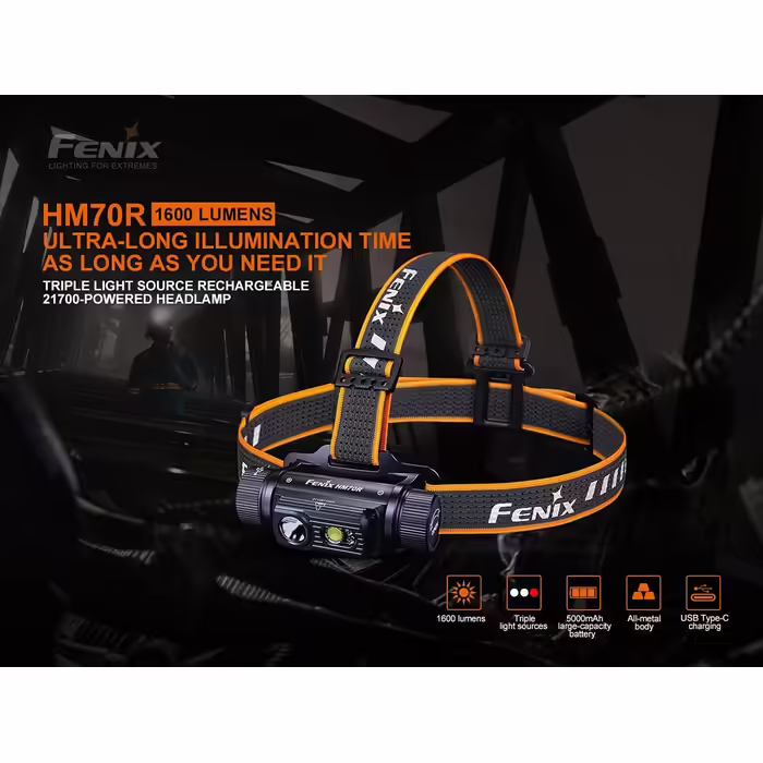 Налобний ліхтар FENIX HM70R на акумуляторі 21700, нейтральний білий та червоний світлодіоди, акумуляторний