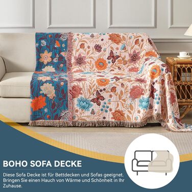 Богемна ковдра Boho з 100% бавовни, м'яка двостороння муслінова ковдра 150x200 см, плед для дивану та ліжка, декоративна patchwork ковдра, літня ковдра для вітальні, зелено-бежева (200 x 230 см, Blumentanz)