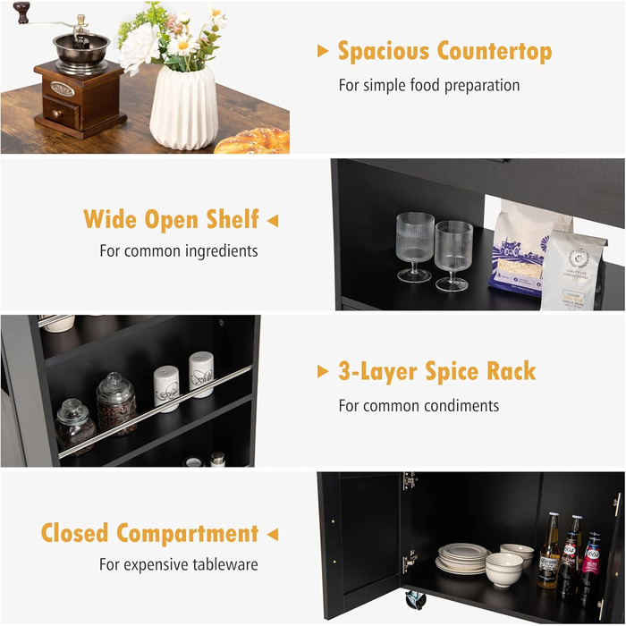 Giantex Rolling Kitchen Cart with Countertop - Kitchen Island with Storage, Mobile Kitchen Trolley with Drawer & 3 Shelves (White & Black)
