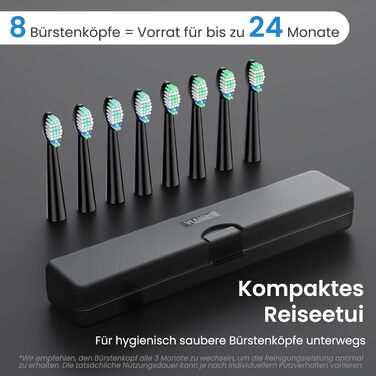 Електрична зубна щітка YUNCHI C2 з 40000 VPM, звукова щітка для дорослих, зарядка USB-C, 55 днів роботи від акумулятора, 5 режимів чищення, таймер 2 хвилини, 8 насадок, дорожній футляр, чорна YUNCHI C2