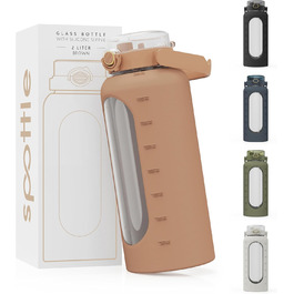 Glass Bottle 2 Liter - Drinking Bottle 2L Glass with Straw - Large Water Bottle with Silicone Sleeve - Leak-proof - Dishwasher-safe - BPA-free (Brown)