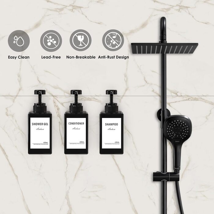 Дозатор для мила Anhow 3er PETG на стіну, набір з 3 шт. без свердління, зелений, 450 мл, з 16 водонепроникними етикетками для кухні/ванної кімнати