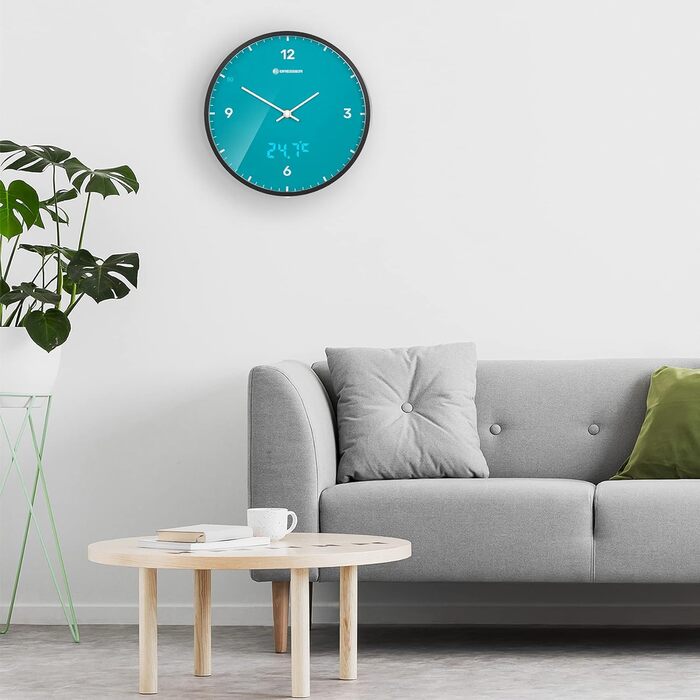 Bresser MyTime Radio-Controlled Wall Clock without Ticking Sounds, 24 cm Dial, LED Second Display, Indoor Temperature, and Silent Radio Movement, (Sky Blue)