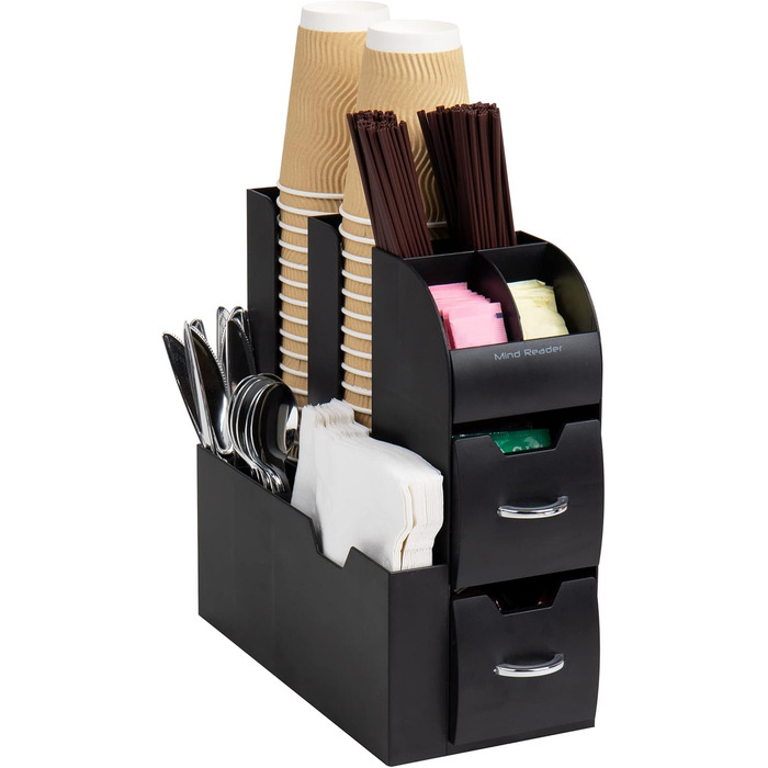 Mind Reader Anchor Collection 11 Compartments for Coffee Cups and Spices, with 2 Drawers, Plastic Rubber, Black, 1 Pack