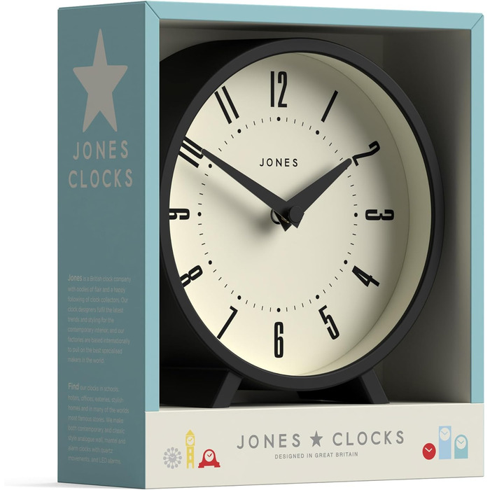 Настільний годинник JONES CLOCKS Venus, чорний, ретро-дизайн, круглий, для столу, полиці, каміна або тумби