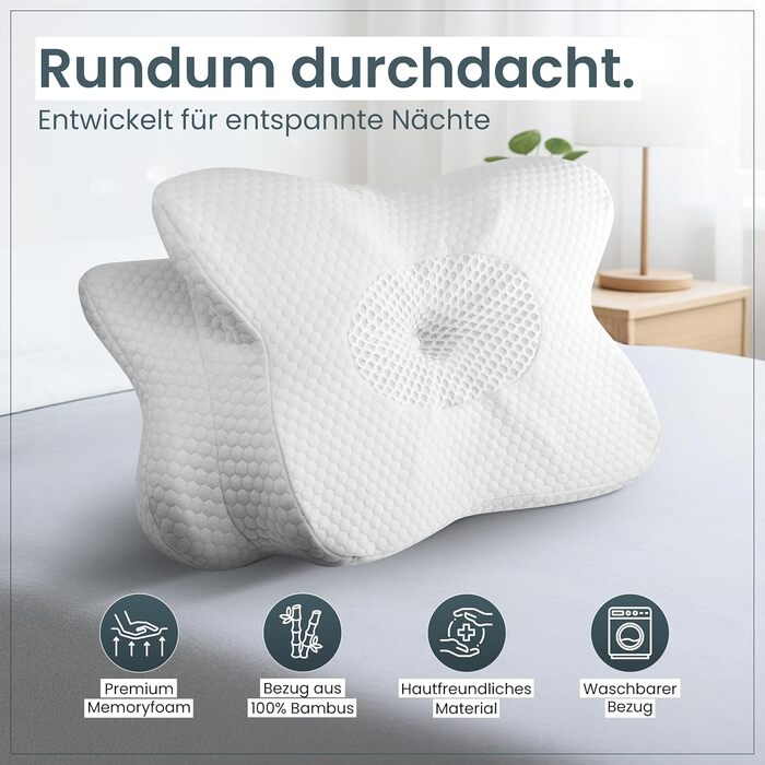 Ортопедична подушка для шиї при болях у шиї з високоякісної піни з пам'яті - Ергономічна подушка для шиї - Подушка для тих, хто спить на боці, на спині та на животі - знімний чохол, придатний для прання при 40°C (61 x 40 x 12, білий)