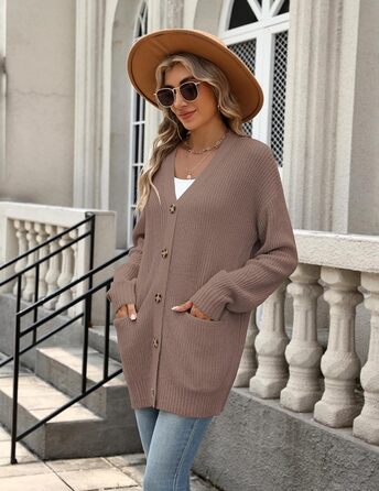Жіночий в'язаний кардиган Zeagoo з довгим рукавом, вільний крій, V-подібний виріз, грубий в'язання, на кнопках, кавовий колір, розмір XL