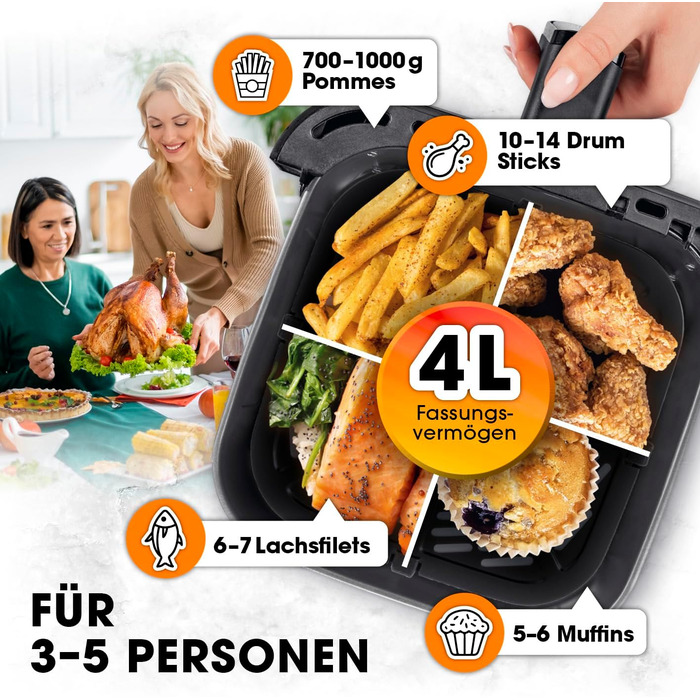 Gourmetmaxx Hot Air Fryer 4 L | Air Fryer with Timer Function & Stainless Steel Heating Element | Practical Preheating & Keep Warm Function | Low Odor, Energy-Saving & Virtually Oil-Free | 1400 W Matte Black 4 Liters