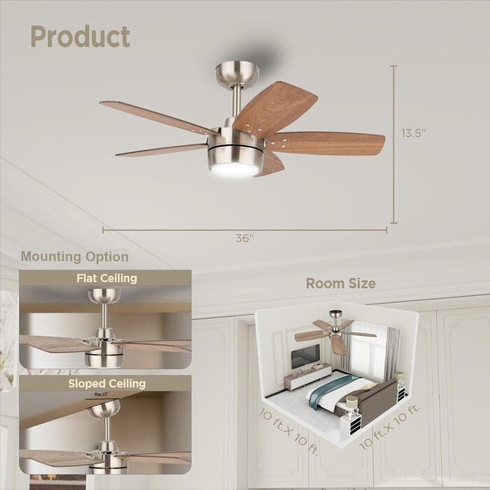 Стеляний вентилятор для маленьких кімнат: сучасний вентилятор з регульованим освітленням та дистанційним керуванням – реверсивний, тихий з 6 швидкостями для маленьких спалень - 230V (Бурштяне нікель+волоське дерево-007, 91 см)