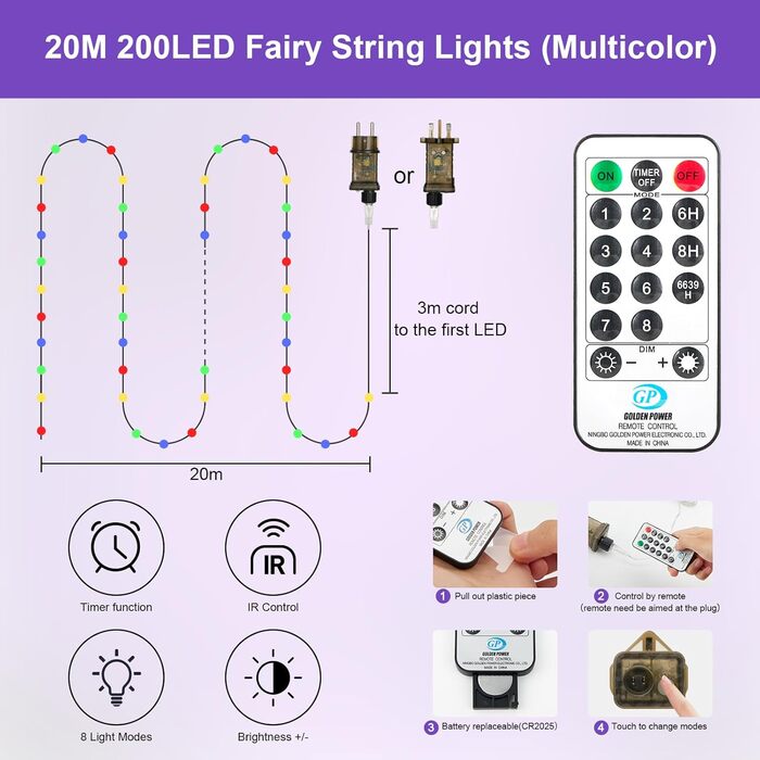 LED гірлянда світлодіодна, 23м, 200 LED, на батарейках, з таймером, 8 режимів, для дому та саду, на Різдво, весілля, Хелловін, свята, декор (1 шт, холодне біле світло)