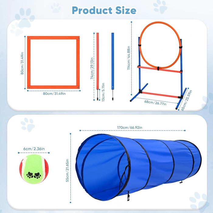 Набір для аджиліті для собак 70 елементів: 8 шлагбаумів, стрибкова петля, м'яч, ящик для перерви, сумка для ласощів, переносна сумка. Розвиває інтелект.