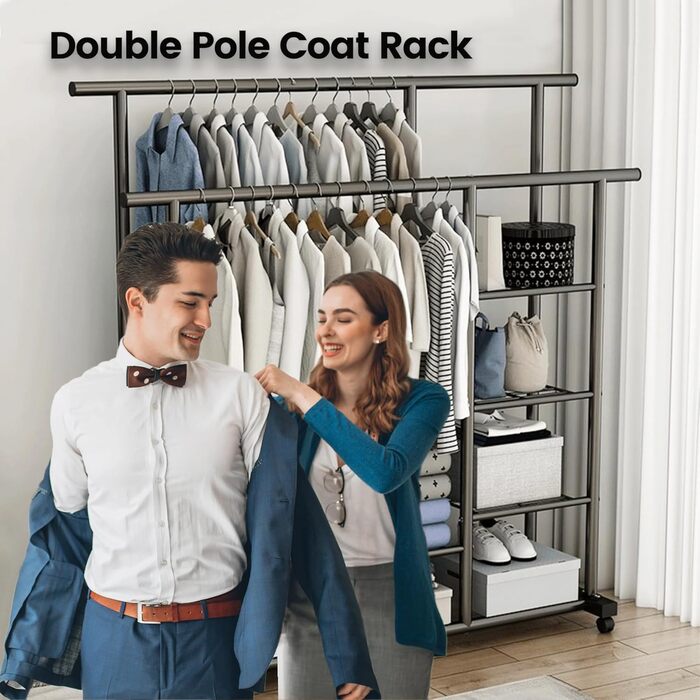 Легкий металевий вішак для одягу на колесах з полицями (білий/чорний)