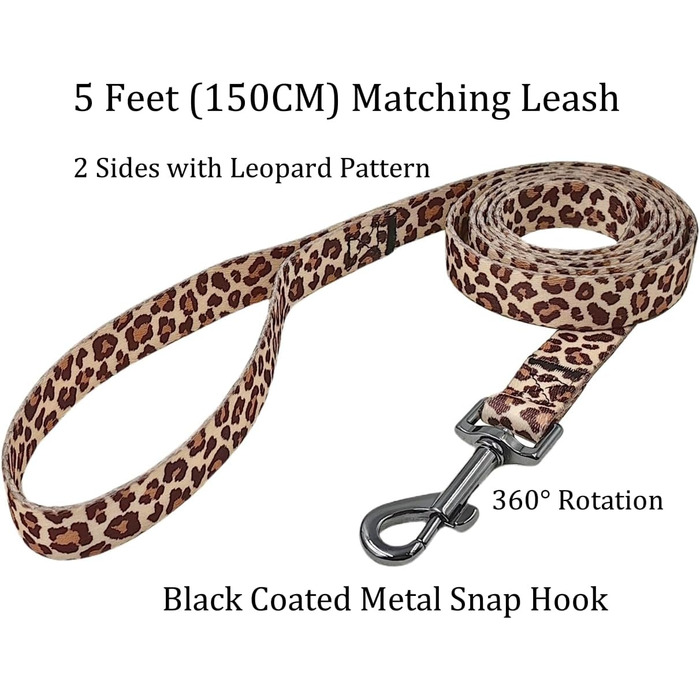 Нашийник для собак Olahibi з повідком, леопардовий принт, поліестер, регульований, 1,5 м, для цуценят (XS, світло-кавовий)