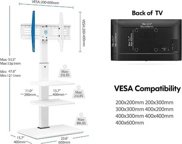 FITUEYES TV Stand White Series-S - 32-65 Inch, 40kg Capacity, Adjustable Height, Swivel & Tilt, 400x600 VESA, 3 Shelves