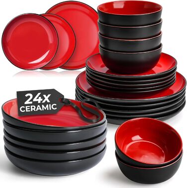 MIAMIO Набір посуду на 6 осіб / 24-тісний набір посуду з каменю, сервіз з тарілками, мисками, чашками та суповими тарілками - колекція Le Papillon (Червоний, 24 елементи)
