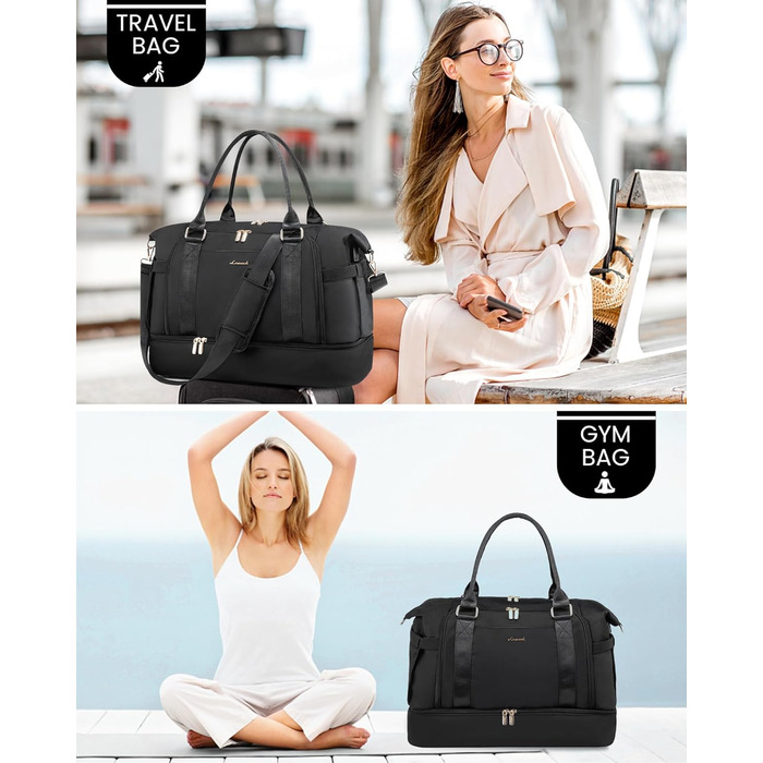 Спортивна сумка LOVEVOOK для подорожей: жіноча дорожня сумка-мішок, weekender, з органайзером, відділенням для взуття та мокрих речей, водонепроникна, 42L, чорна