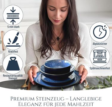 Набір посуду Steingut Ibiza 24 шт. для 6 осіб - глибоке синій колір, Pure Living, TESTSIEGER