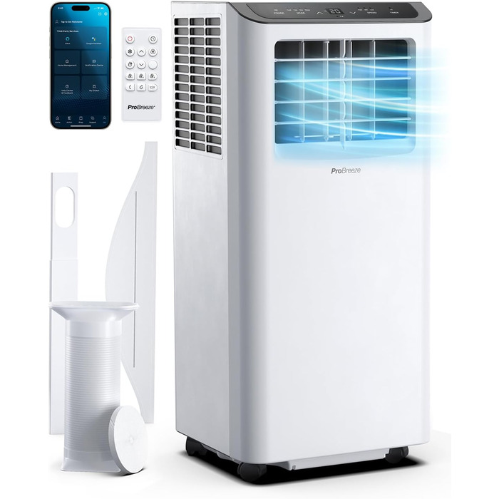 Мобільний кондиціонер Pro Breeze™ 4-в-1: охолоджувач, вентилятор, осушувач повітря, нічний режим, клас енергоефективності A, комплект ущільнювача для вікна, пульт дистанційного керування та таймер 24 години, білий (12000 BTU, Smart App)
