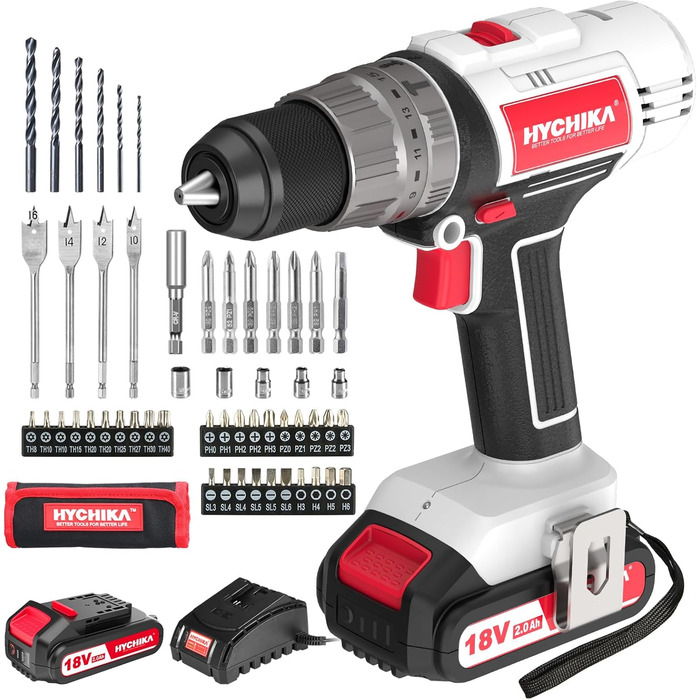 Акумуляторний шуруповерт HYCHIKA 18V, 45 Nm, 2.0 Ah, 21+3 ступені, 2 швидкості, з набором аксесуарів