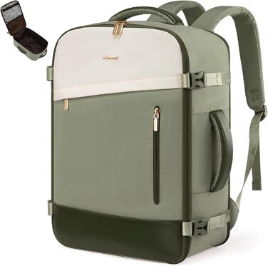 Рюкзак LOVEVOOK 40L для ручної поклажі, 17.3 дюйми, розширюваний, для подорожей та бізнесу (40x30x20cm, зелено-бежевий)