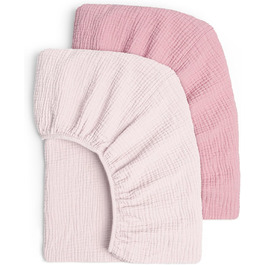 lulumoon Muslin Fitted Sheet Set for Crib: Soft & Breathable Fitted Sheet for Travel Bed and Baby Bed 100% Cotton 60x120-70x140cm 2-Pack (Pink Geranium)