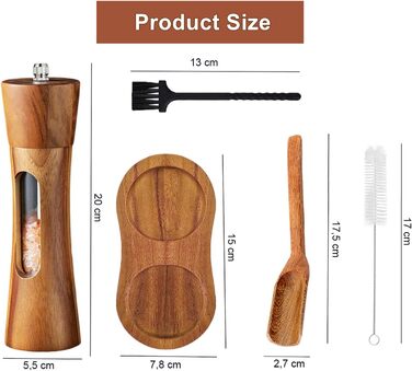 Auciej Salt and Pepper Grinder Wooden Set, Manual Pepper Grinder, Ceramic Grinding Mechanism, Spice Grinder, Salt Grinder with Coaster, Adjustable for Spices, Pepper, Salt, 2-Piece Set, 20 cm
