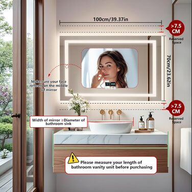 Дзеркало для ванної кімнати LUVODI з підсвічуванням Bluetooth: 100x70 см, годинник, температура, дата, антизапар, регулювання яскравості, 3 кольори світла, функція пам'яті, водонепроникне LED дзеркало для ванної кімнати