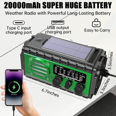 Сонячне радіо з ручним генератором 20000mAh, аварійне радіо SW/AM/FM з Powerbank, LED-ліхтарик, лампа для читання, SOS-сигнал, USB-порт для активного відпочинку