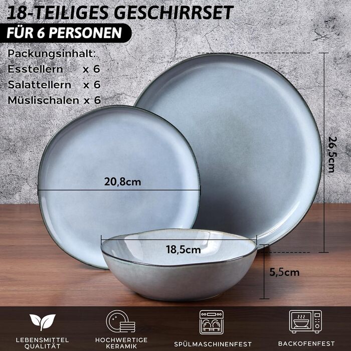 Сервіз Joyfair на 6 осіб, 18 предметів, керамічний, з тарілками для їжі, десерту та каші, безпечний для мікрохвильовки та посудомийної машини, колір: реактивний синій