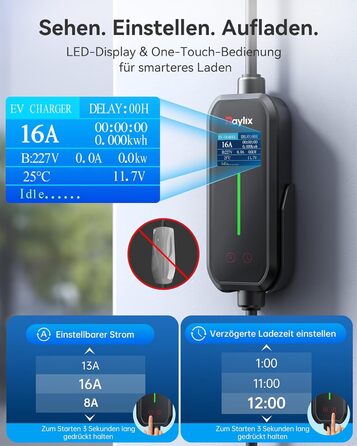 Raylix 2026 11kW Wallbox Typ 2 (7м, 8-16A, 3 фази) з лічильником, регулюванням струму та таймером + CEE 16A - Typ 2 кабель 7м