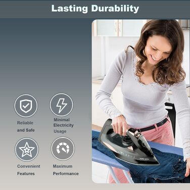 Праска 3000W з керамічною підошвою - праска з парою, самоочищення, резервуар 340мл, автоматичне вимкнення (чорна)