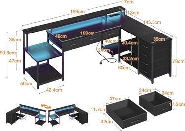Ігровий стіл Coleshome з 7 висувними ящиками та великим об'ємом зберігання, 199.5×145.5 см, кутовий стіл з RGB LED підсвічуванням, реверсивний L-подібний стіл з 2 розетками, ідеальний для офісу та геймінгу, чорний, 199.5×145.5 см